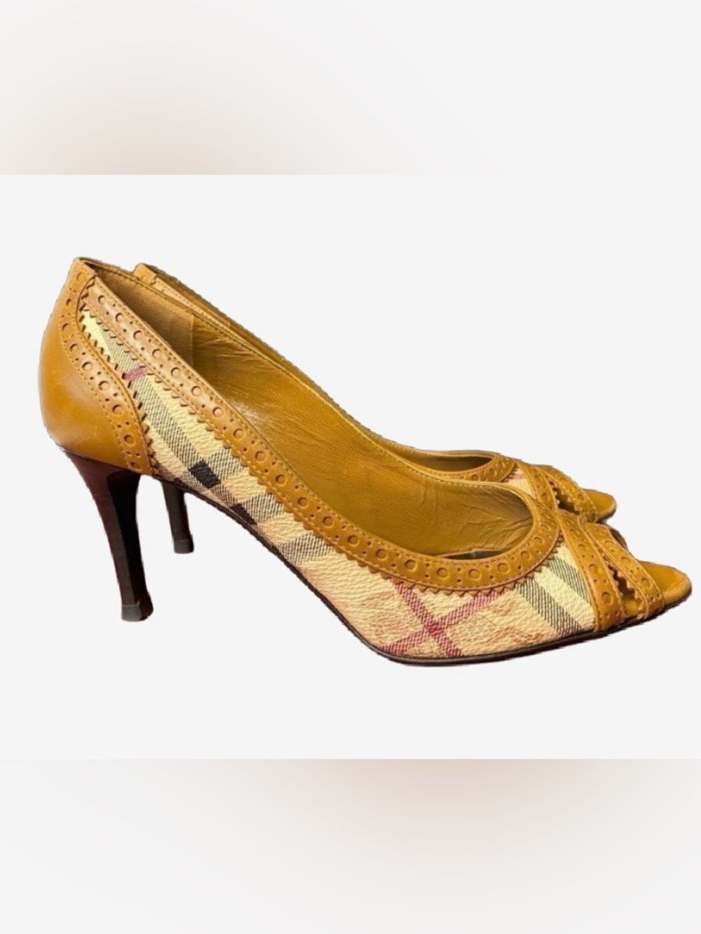 🛍️ Burberry Authentic Tan Peep-Toe Leather Heels with House Check Accents